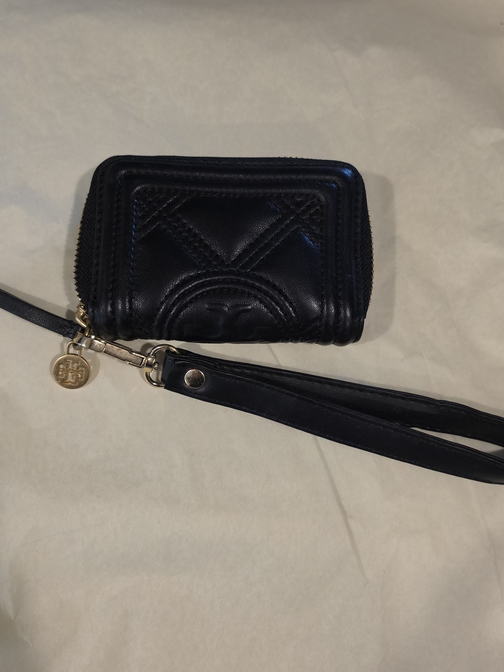 Tory Burch Black Quilted Leather Wristlet Card Holder with Gold Charm